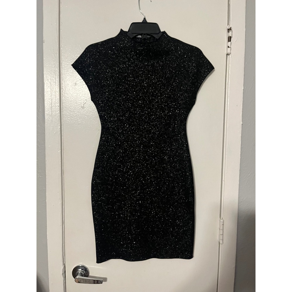 Zara Womens Black Silver Metallic Shimmer Mock Neck Cap Sleeve Bodycon Mini Dres